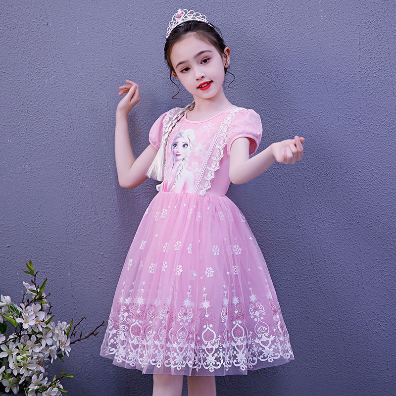 100-150 girls ice and snow queen elsa gauze mesh skirt princess short sleeve puffy dress 2-12 years old