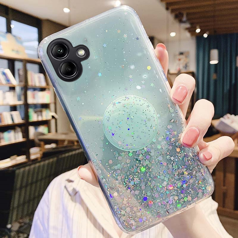 New Phone case Samsung Galaxy M06 Back cover Glittering Soft Stars Moon Sequins Folding Stand Transparent Silicone Anti Drop for Samsung M06 case. 