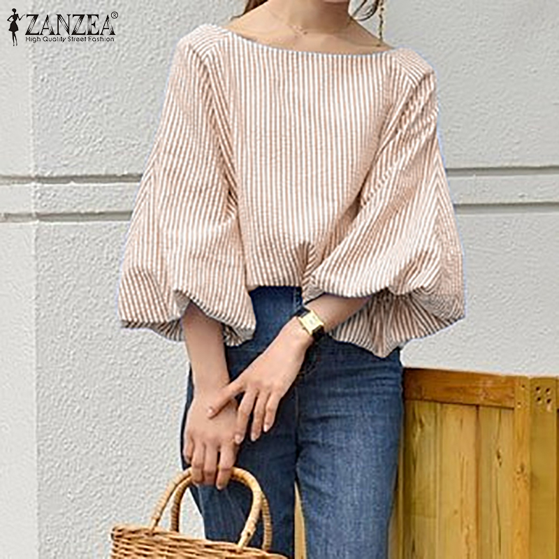 ZANZEA Korean Style Womens Casual Lantern Sleeve Tops Stripe Printed O-Neck Blouse #10