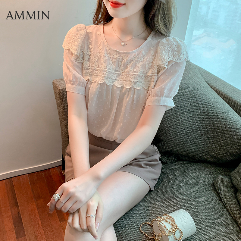 AMMIN  summer new polka dot ruffle short sleeve elegant blouse women's Korean style embroidery hollow lace stitching round neck sweet chiffon shirt female ins tops