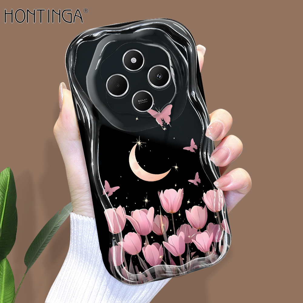 Hontinga for Redmi 14C Xiaomi Poco C75 Back Cover Tulip Butterfly Soft Texture Phone Case Wavy Edge Silicone Cover. 