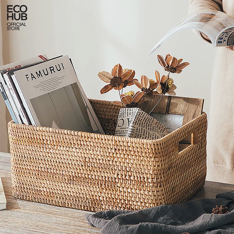 Giỏ mây có tay cầm ECOHUB đựng đồ/decor/đựng quần áo/đồ khô cao cấp (Premium Rattan Basket)