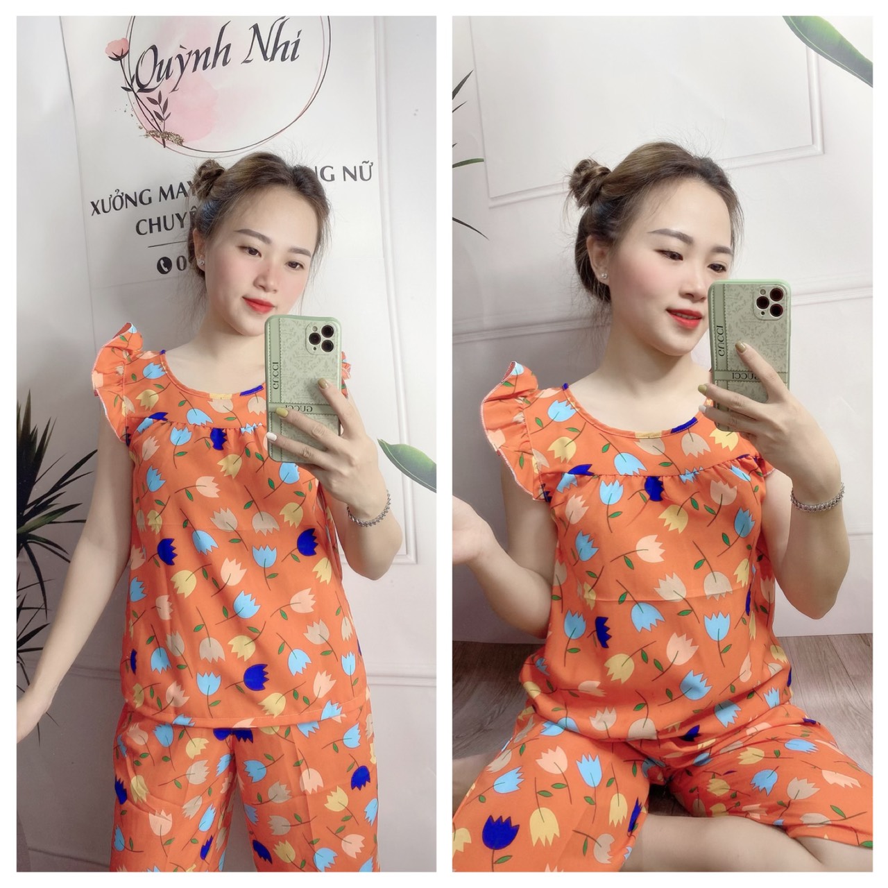 ĐỒ BỘ LỤA LỬNG MẶC NHÀ DỄ THƯƠNG HỌA TIẾT HOA TULIP (ẢNH THẬT) CÓ SIZE 40-75KG - LUA30