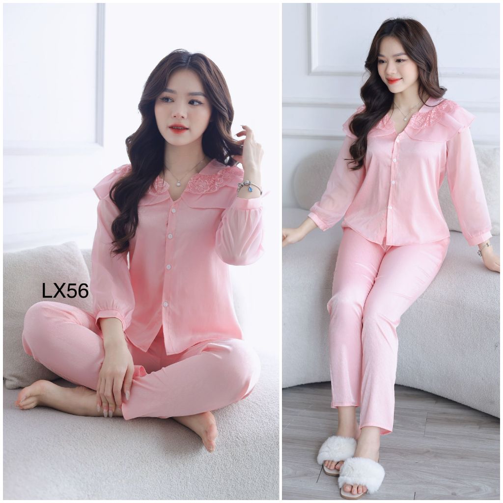 Đồ bộ mặc nhà nữ, quần áo bộ mẫu thiết kế lụa cao cấp cổ V phối bèo tiểu thư xinh yêu