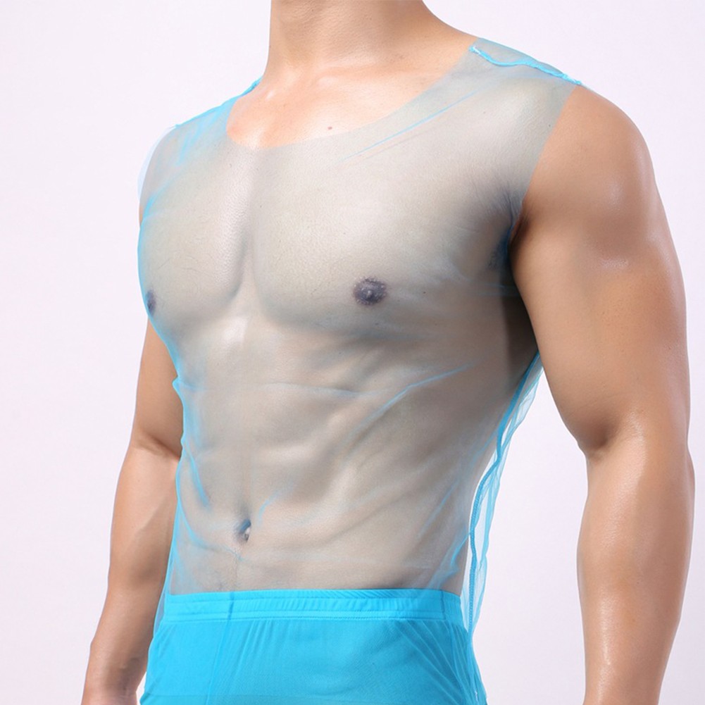 See Through Men T-Shirt Sleeveless Solid Color T-Shirt Tank Top Clubwear Fishnet