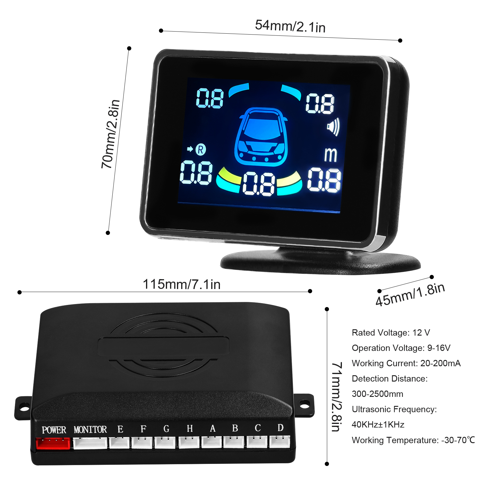 Car Parking Sensor Reversing Radars System Front & Rear Support Sound Warning/Buzzer/Mute with 8 Parking Sensors Distance Detection LCD Distance Display Volumes Adjustable
