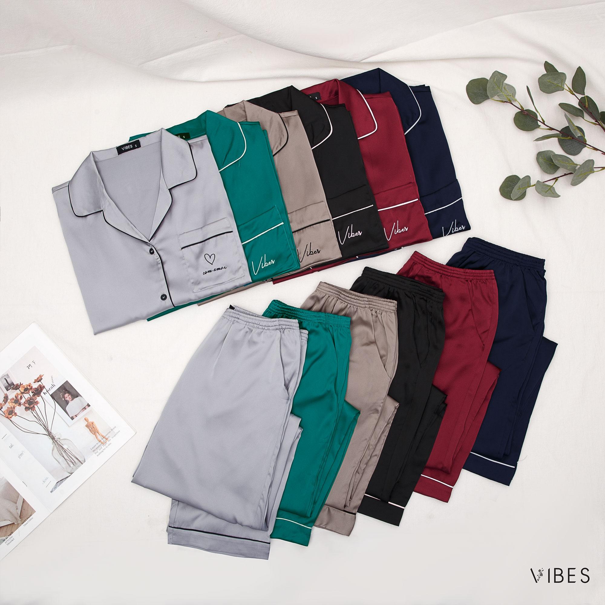 Vibes Plain Silk Long Pajamas Silk Long Py Set