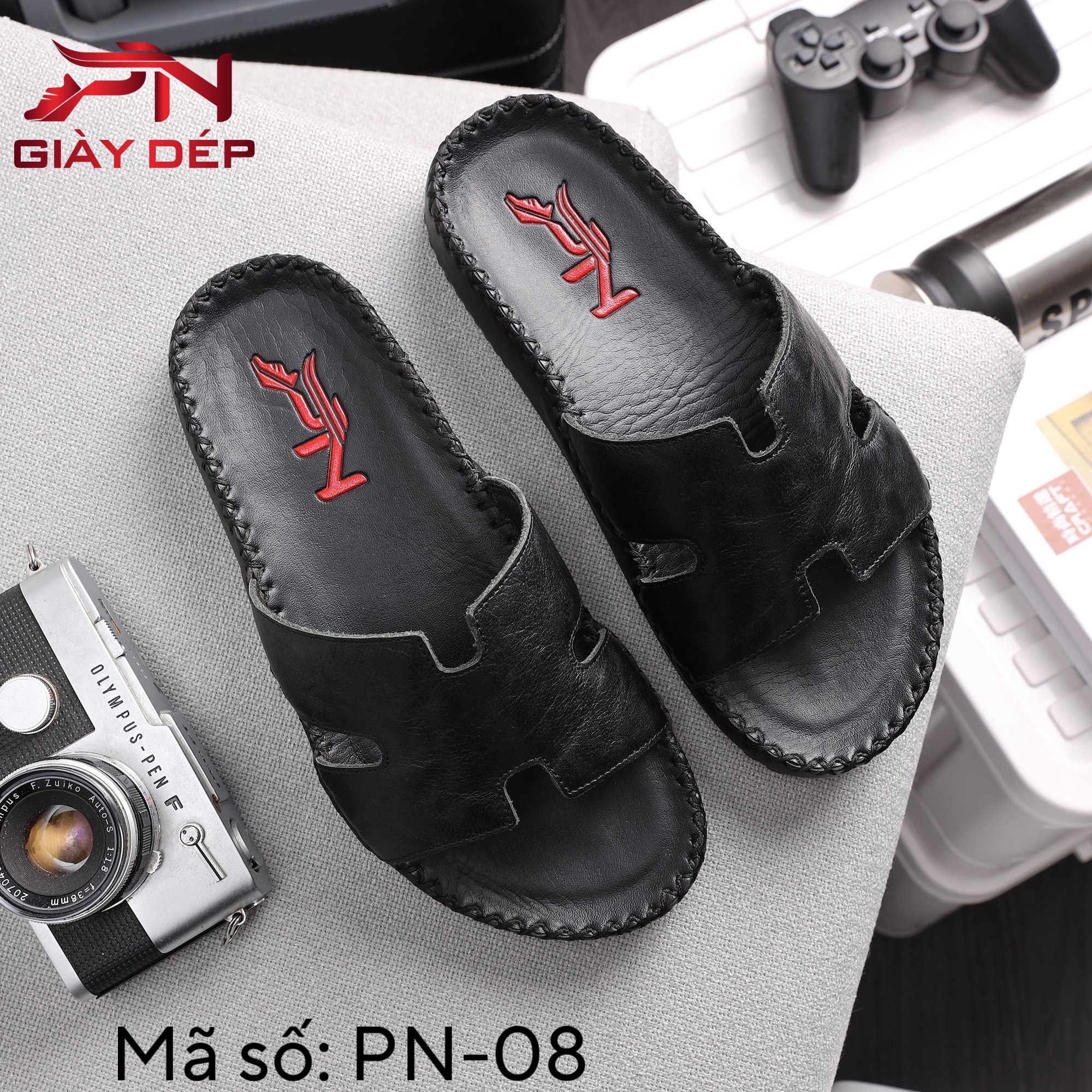 Dép quai ngang . dép da nam quai chữ h da bò cao cấp pn-08 màu đen