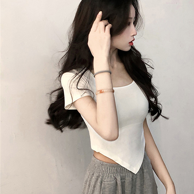 Women Short Sleeve Square Neck T-Shirt Summer Irregular Hem Slim Casual Bottom TopsNIUMAO. 