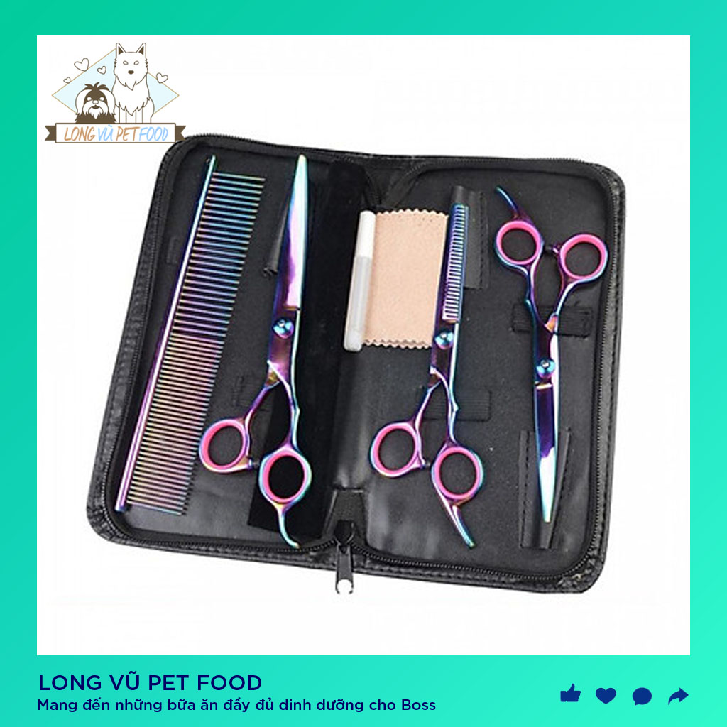 Bộ kéo cắt lông cho chó mèo 3 kéo 1 lược kèm bao da đi kèm - Kéo tỉa lông chó mèo - Long Vũ Pet Food