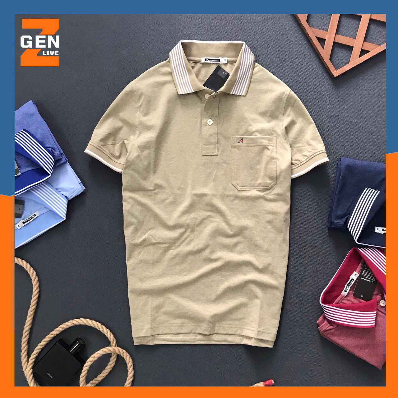 Áo thun polo nam cổ phối sọc có túi logo chữ thêu đẹp mắt - LZ FASHION - PS088