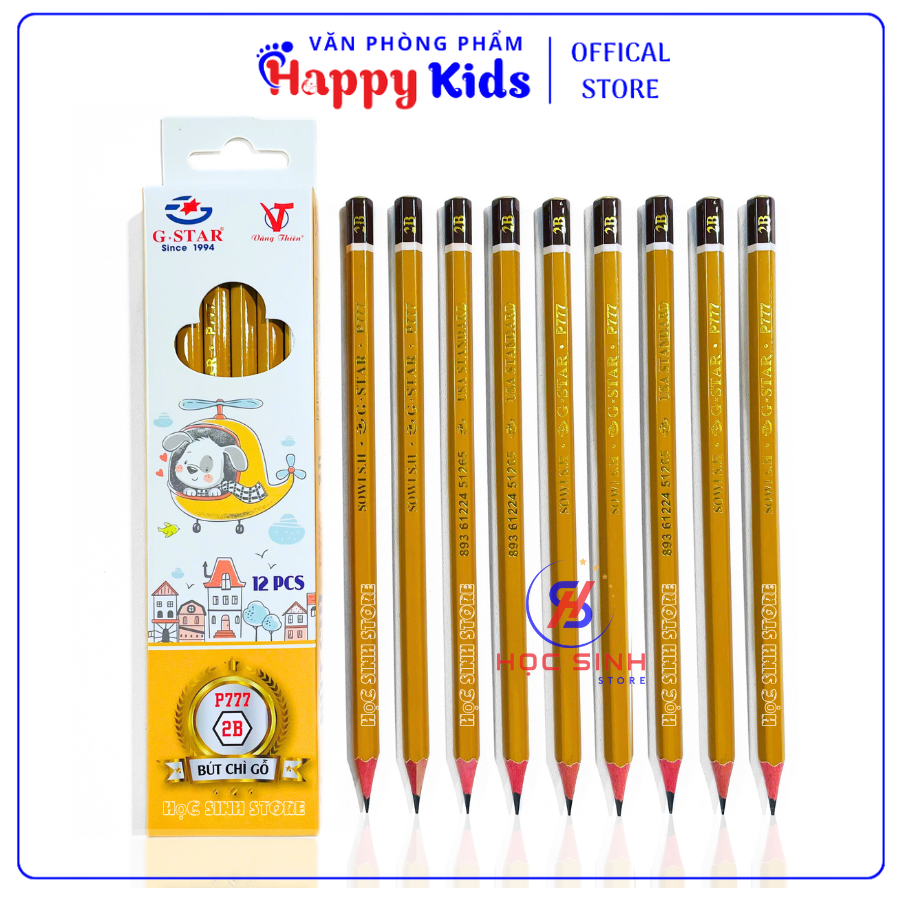 Hộp 12 Cây Bút Chì Gỗ Gstar P777 (2B-6B) - Màu Chì Đậm, Dễ Chuốt, Chuốt Không Gãy - VPP Happy Kids
