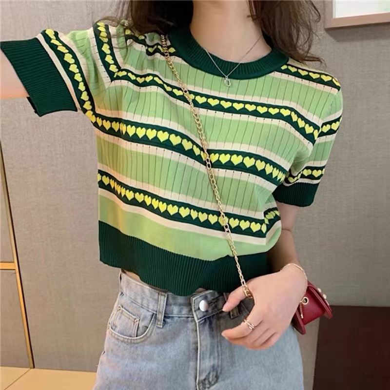 midsummer เสื้อยืดไหมพรมเกาหลี คอกลมแขนสั้น ลายหัวใจน่ารักมาก ผ้าร่อง ...