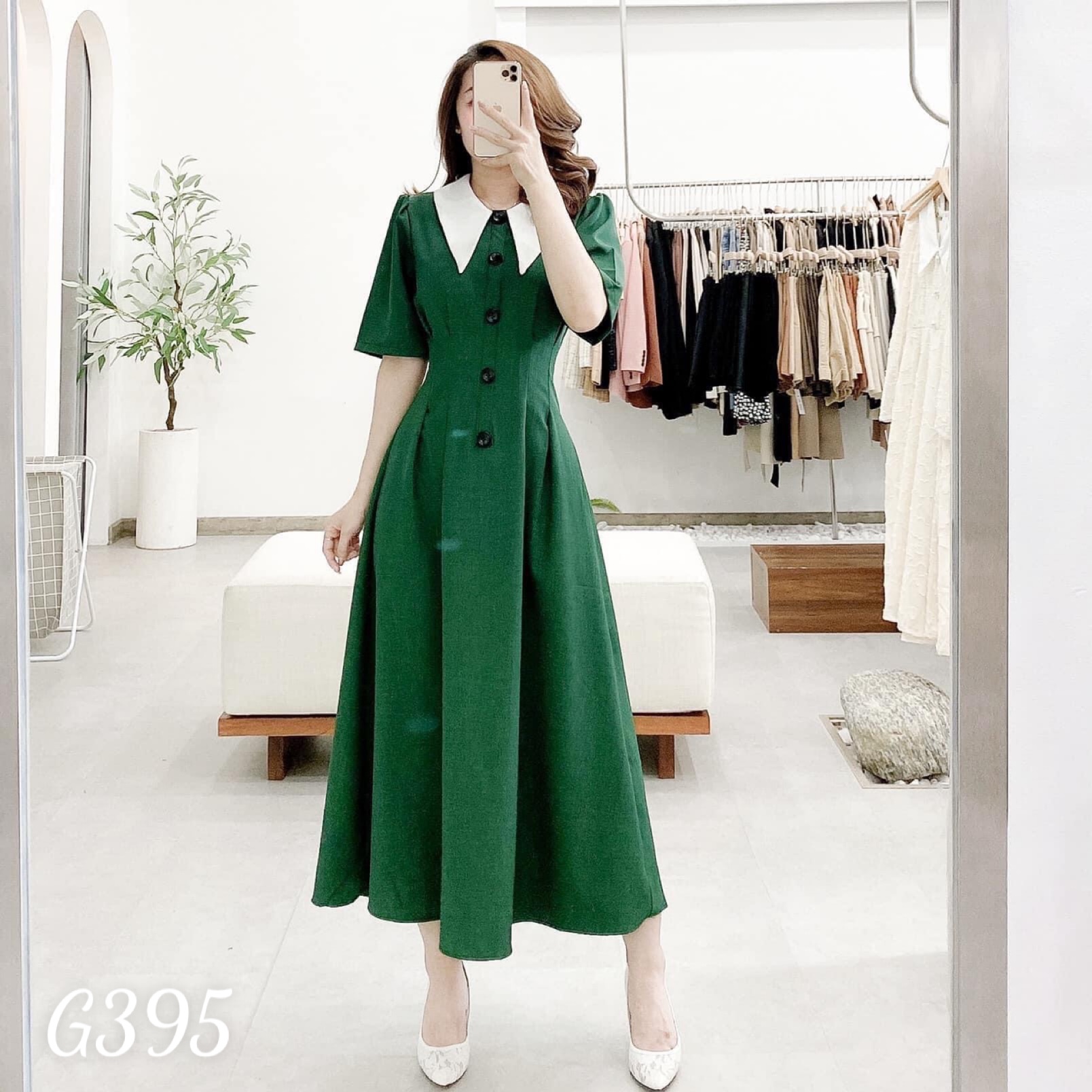 Đầm xoè maxi xếp ly cổ bẻ phối nút dạo phố voan lụa G395