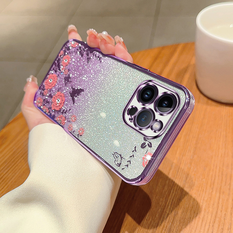 For iPhone 14 Pro Max Phone Case Glitter Bling Flower butterfly Soft Protective Back Cover For iPhone 14 Pro Max Case Girls