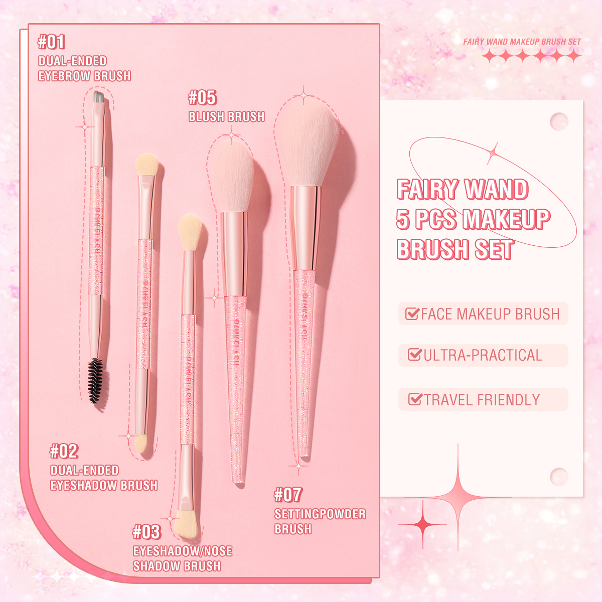 PINKFLASH 5PCS Fairy Wand Makeup Brush Set Beauty Brush Makeup Tool Multi-use