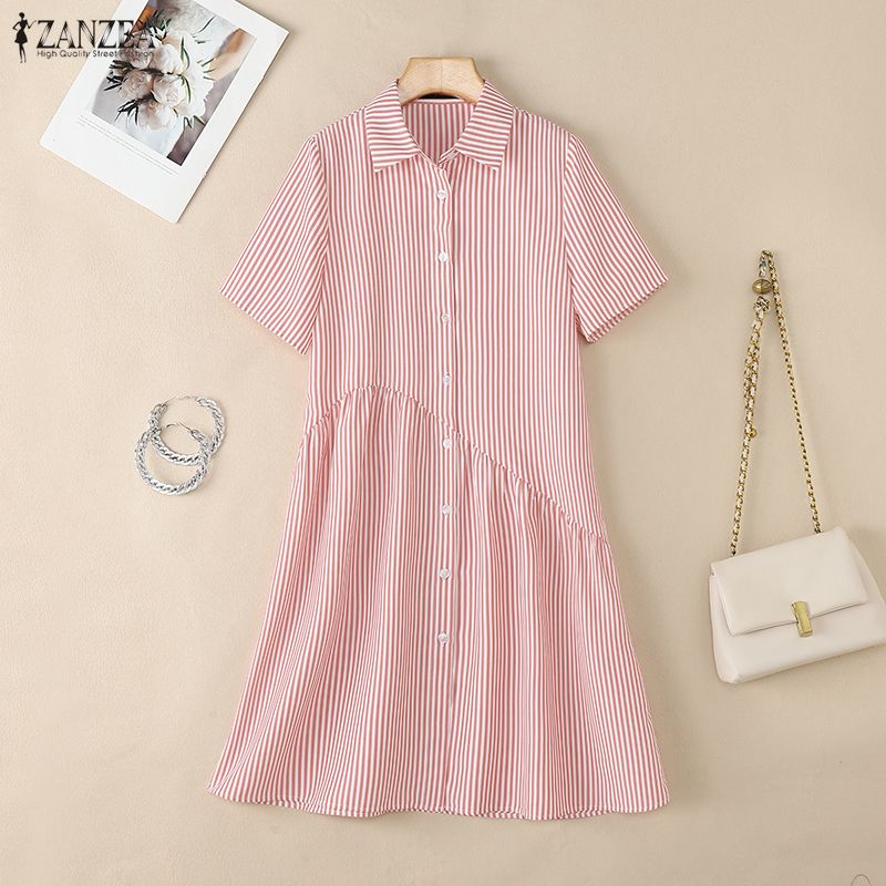 ZANZEA%20Korean%20Style%20Women%20Summer%20Lapel%20Solid%20Color%20Dresses%20Pleated%20Stripe%20Short%20Sleeve%20Knee%20Length%20Dress%20#0126%20-%20Image%206
