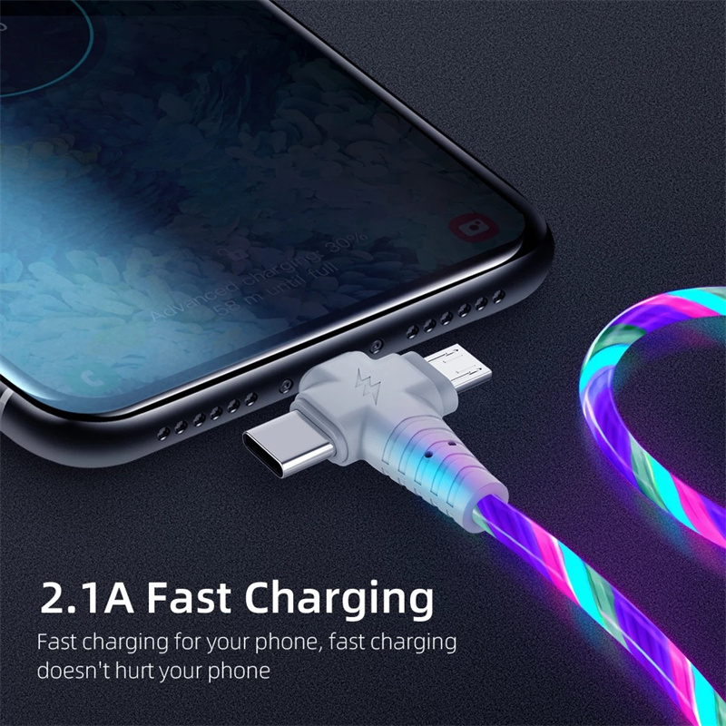 Cáp Sạc Phát Sáng LED 3 Trong 1 Bộ Sạc Nhanh Phát Sáng USB Type C Dây Micro USB Tương Thích Với Điện Thoại iPhone Android Cáp USB Chiếu Sáng
