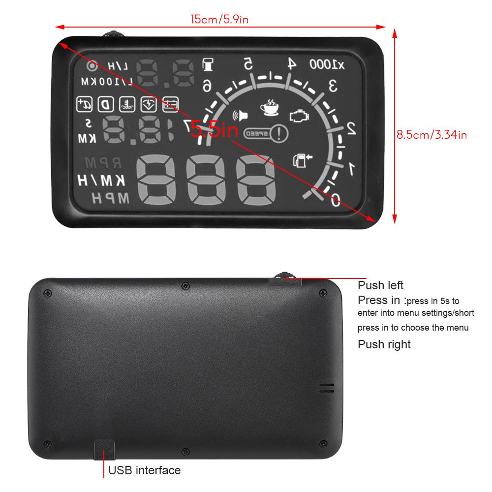 Car HUD Head Up Display 5.5  KM/h & MPH Speeding Warning OBD2 Interface Windshield Projector Multiple-Color Bright Speeding Warning System
