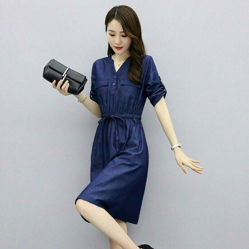 Đầm váy jean xòe dây rút eo cổ v