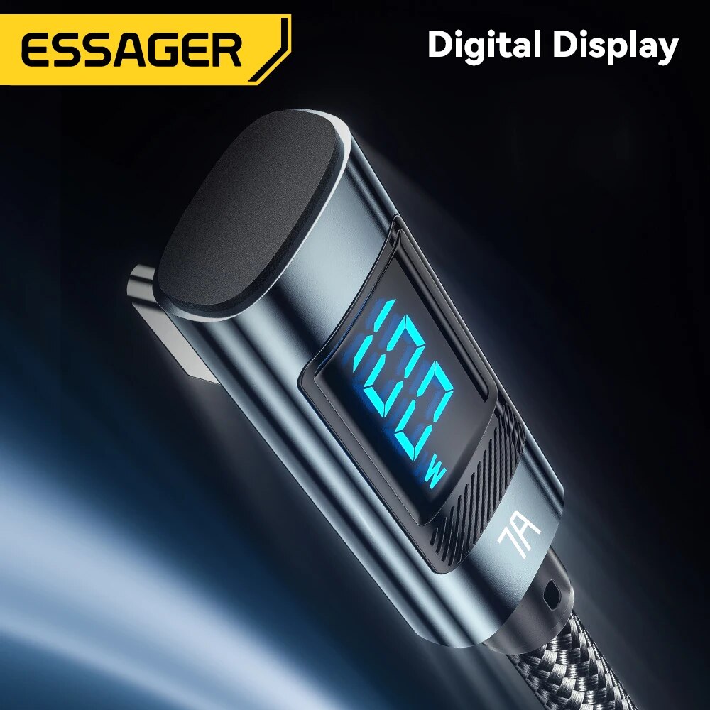 Essager 7A 100W USB C Cáp Sạc Nhanh Màn hình hiển thị kỹ thuật số PD Loại C để Loại C 90 độ khuỷu tay Loại C Cáp cho Huawei mate60 Pro Xiaomi Samsung Vivo dây dữ liệu