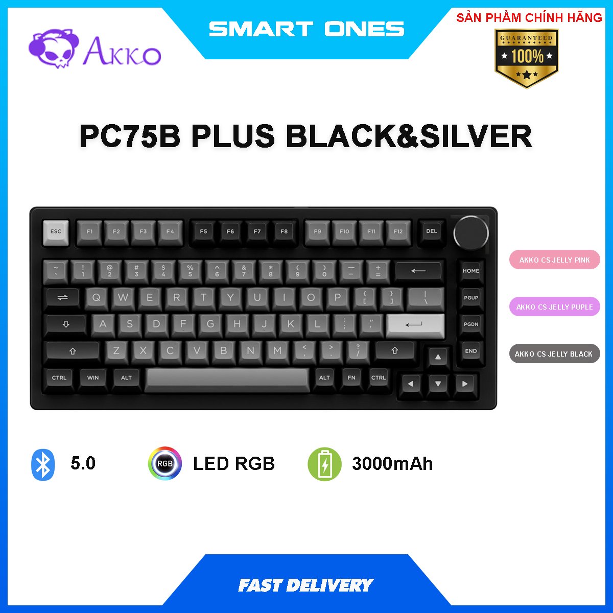 Bàn phím AKKO PC75B Plus Black & Silver (Bluetooth 5.0 / Wireless 2.4Ghz / Hotswap / Foam tiêu âm / AKKO CS Jelly switch)