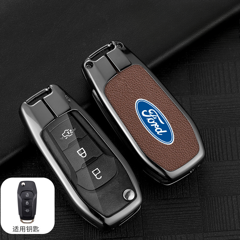 Flip Car Key Fob Case Cover Zinc Alloy Genuine Cow Leather Keychain For ...