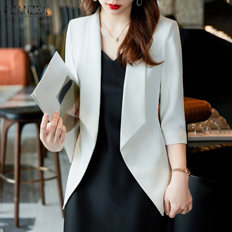 【Top-Rated Product】 ZANZEA Korean Style Womens Formal 3/4 Sleeve Plain  Winter Suit Elegant Office Turn-Down-Collar Blazer