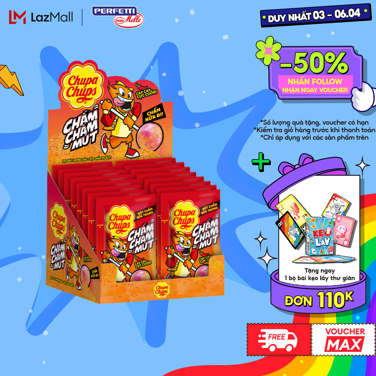 Kẹo Mút Chupa Chups Chấm Chấm Mút (Hương Dâu kèm muối ớt) (Hộp 16 gói)