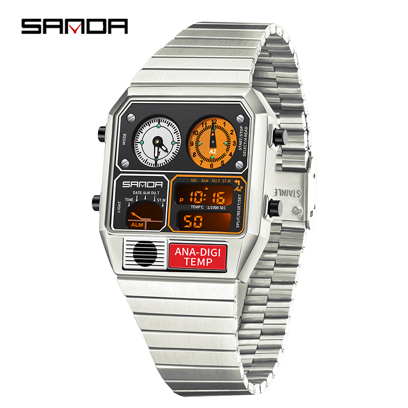 Sanda Retro Trendy Punk Dual Display Luminous Waterproof Electronic Quartz Men's Watch SD3192-1.