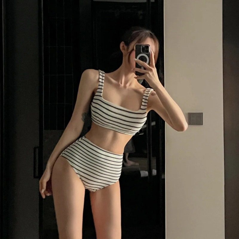 (M704-LiLyBikini) SET BIKINI HAI MẢNH KẺ NGANG CÓ MÚT KÍN ĐÁO