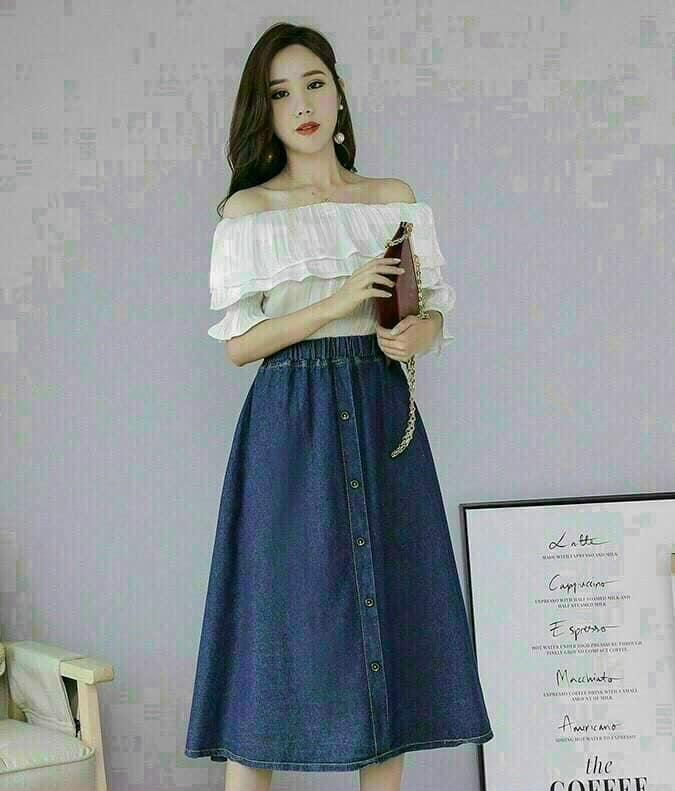 CHÂN VÁY DENIM CHỮ A, LƯNG THUN, PHỐI NÚT THỜI TRANG