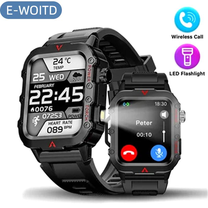 【E-Woitd】 Outdoor Sports Men Smart Watch Bluetooth Talking Sports Watch Heart Rate Monitor Multi-Function Smart Watch Flashlight Smart Watch