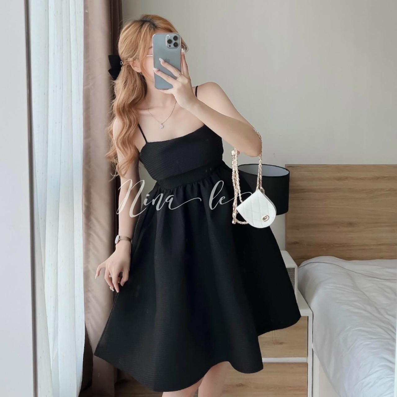 Đầm xòe hai dây nơ lưng có mút ngực 6 màu y hình rose fashion
