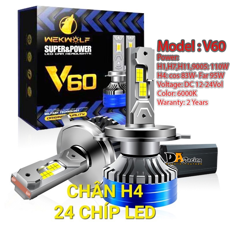 Đèn pha led v60 siêu sáng 120w chân h4/h1/h7/h11/9005/9006/9012 lắp ôt xe máy