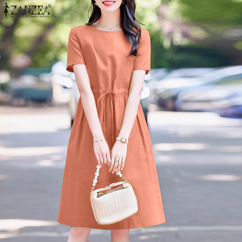 ZANZEA%20Korean%20Style%20Womens%20Casual%20O%20Neck%20Drawstring%20Lace%20Up%20Dress%20Elegant%20Short%20Sleeve%20Solid%20Knee%20Length%20Dresses%20-%20Image%203