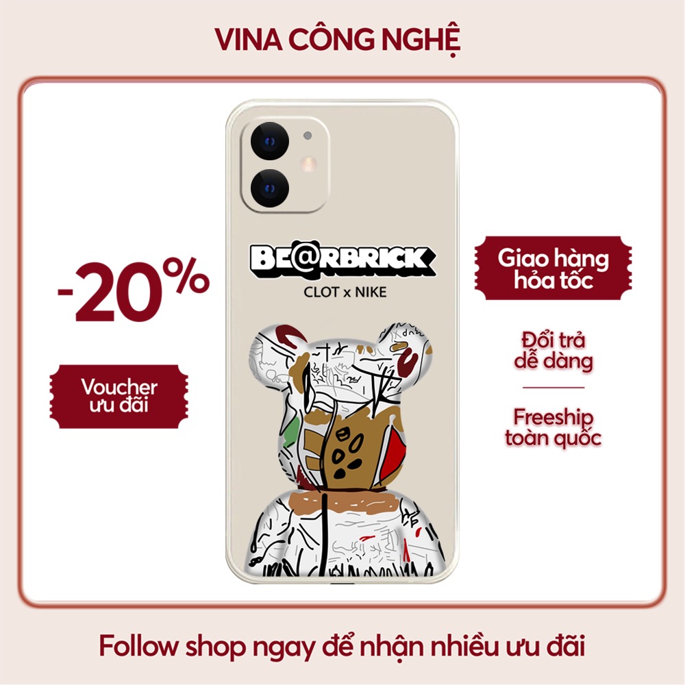 Ốp lưng Iphone 6S/6 Plus/7G/8G/X/Xs/11/12/....dẻo cạnh vuông bảo vệ camera hình Bearbrick 3D