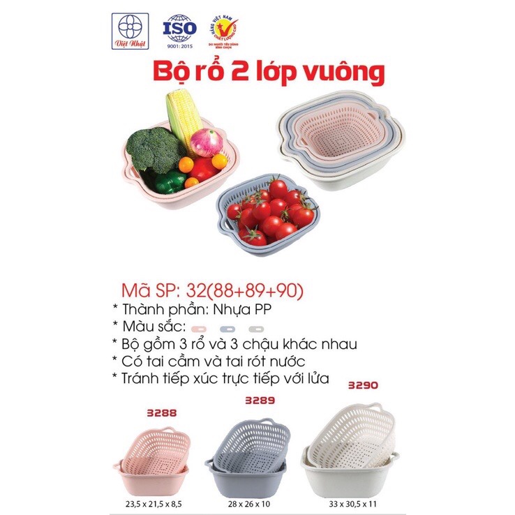 Bộ chậu rổ 2 lớp Việt Nhật mẫu vuông