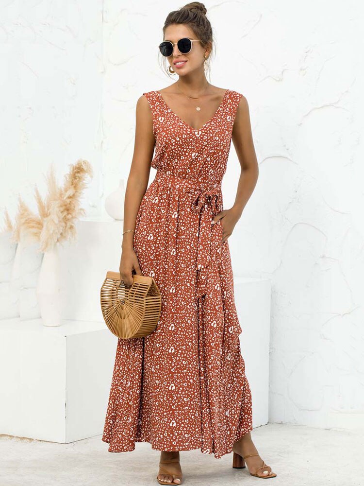 2022 Summer Boho Maxi Dress Women Elegant Party Dresses Ladies V Neck Floral Dress Sleeveless Black Pocket XXL