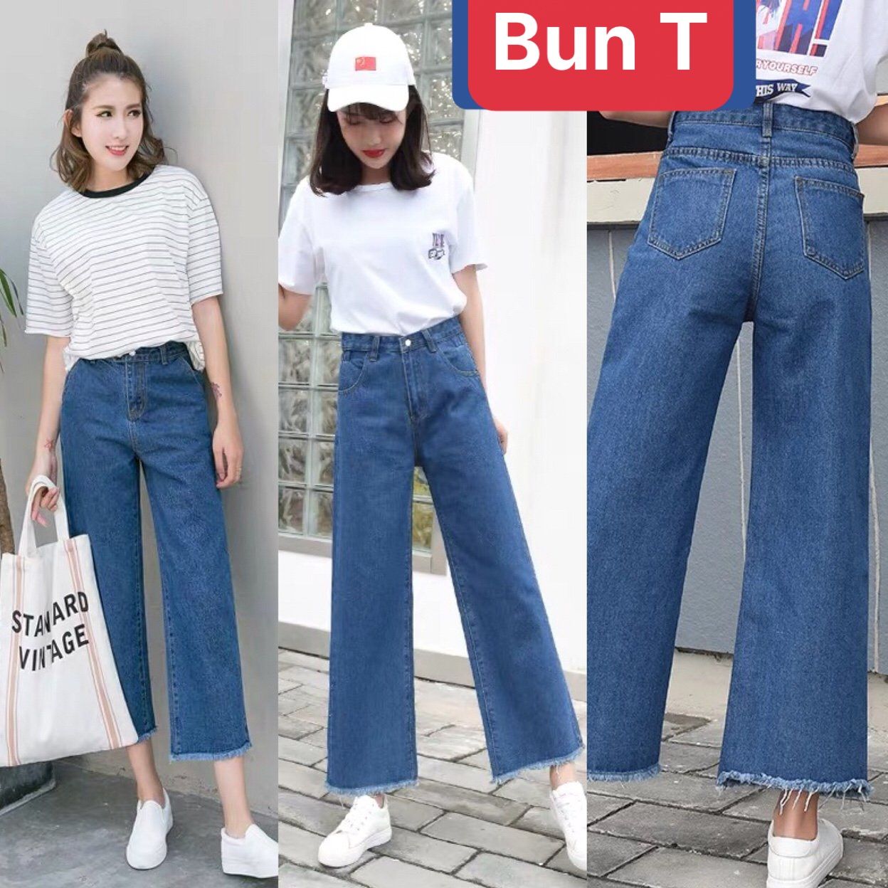 QUẦN BAGGY JEAN NỮ XANH ĐẬM NHẠT BIỂN TRỜI ỐNG LOE RỘNG SUÔNG HOT TREND 1HITSHOP - TRANG BUN FASHION