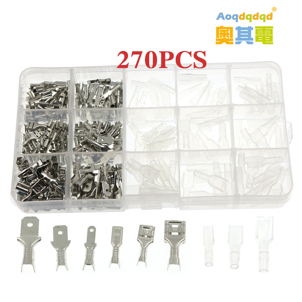 270Pcs insulated male and female cable connector wire crimp terminal 2.8 / 4.8 / 6.3mm spade connector kit silver