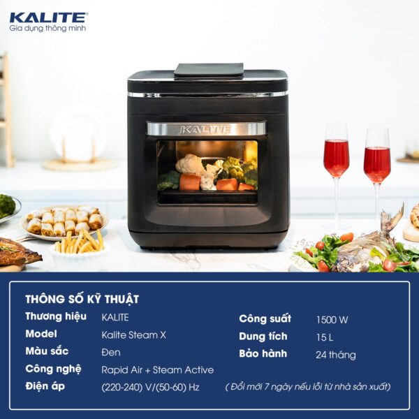 Nồi chiên hơi nước Kalite Steam X, công suất 1635W, dung tích 15L, công nghệ chiên hấp 3 trong 1, 9 chế độ lập trình sẵn, 4 chế độ điều chỉnh bằng tay, tiện lợi, bảo hành 24 tháng