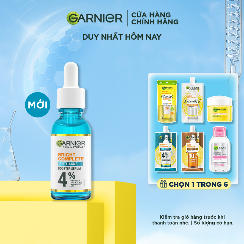 Dưỡng chất dành cho da dầu mụn giúp giảm mụn mờ thâm Garnier Bright Complete Anti-Acnes Booster Serum 30ml