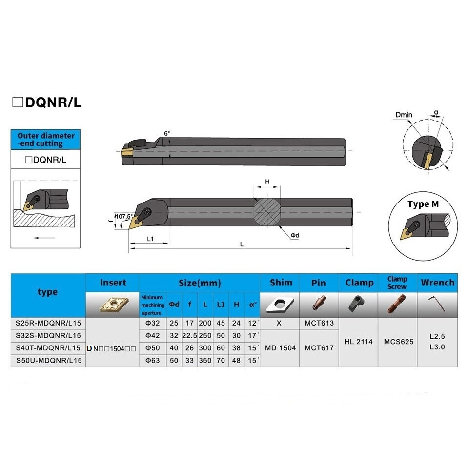 Cán dao tiện lỗ góc 107.5 độ lắp mảnh D15 (DNMG150404), Cán phi 20 (S20R-MDQNR15), phi 25 (S25S-MDQNR15).
