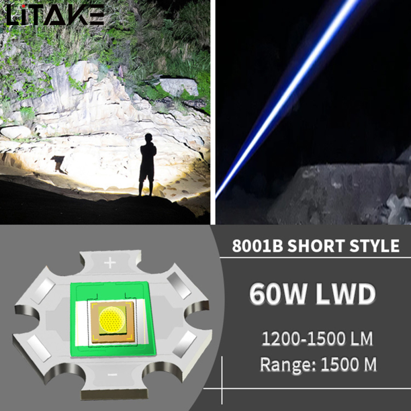 60W XHP360 Powerful Handheld Flashlights Digital Power Display IPX4 Waterproof Strong Light Long Range Outdoor Camping Flash Light Torch