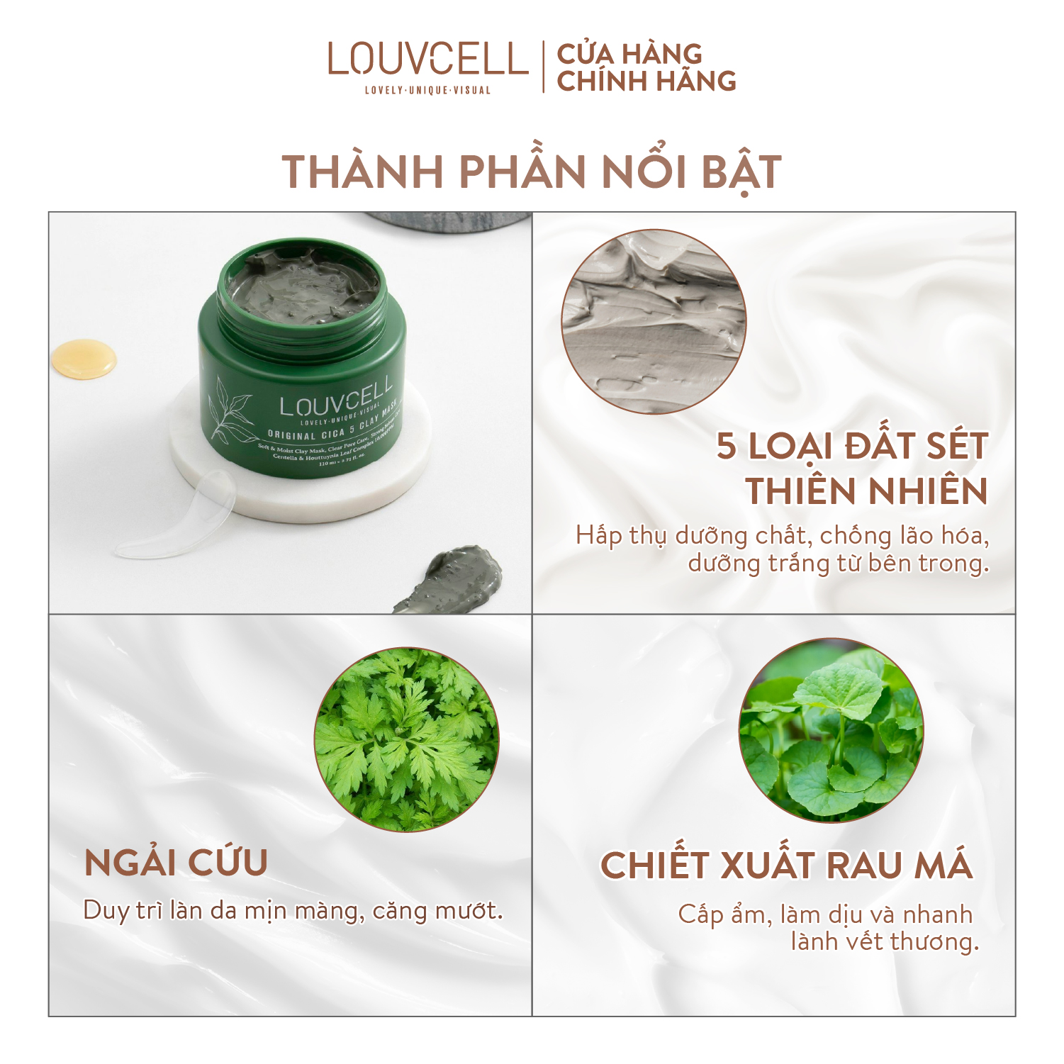 Mặt nạ đất sét thảo dược Louv Cell Original Cica 5 Clay Mask 110 ml
