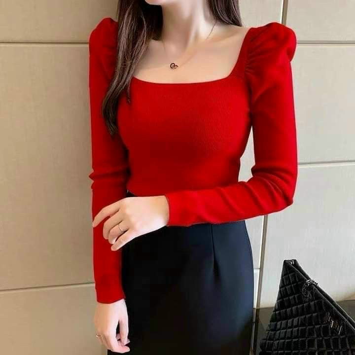 Áo thun gân tay dài nhún vai cổ vuông xinh xắn ttvv0306