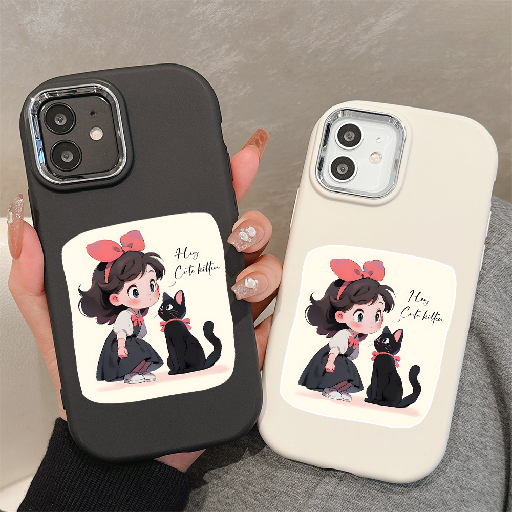 AMORVOR Case for Redmi Note 12 4G Cute Little Girl and Black Cat Back Cover Pattern Luxury Plating Metal Lens Soft Liquid Silicone Case. 