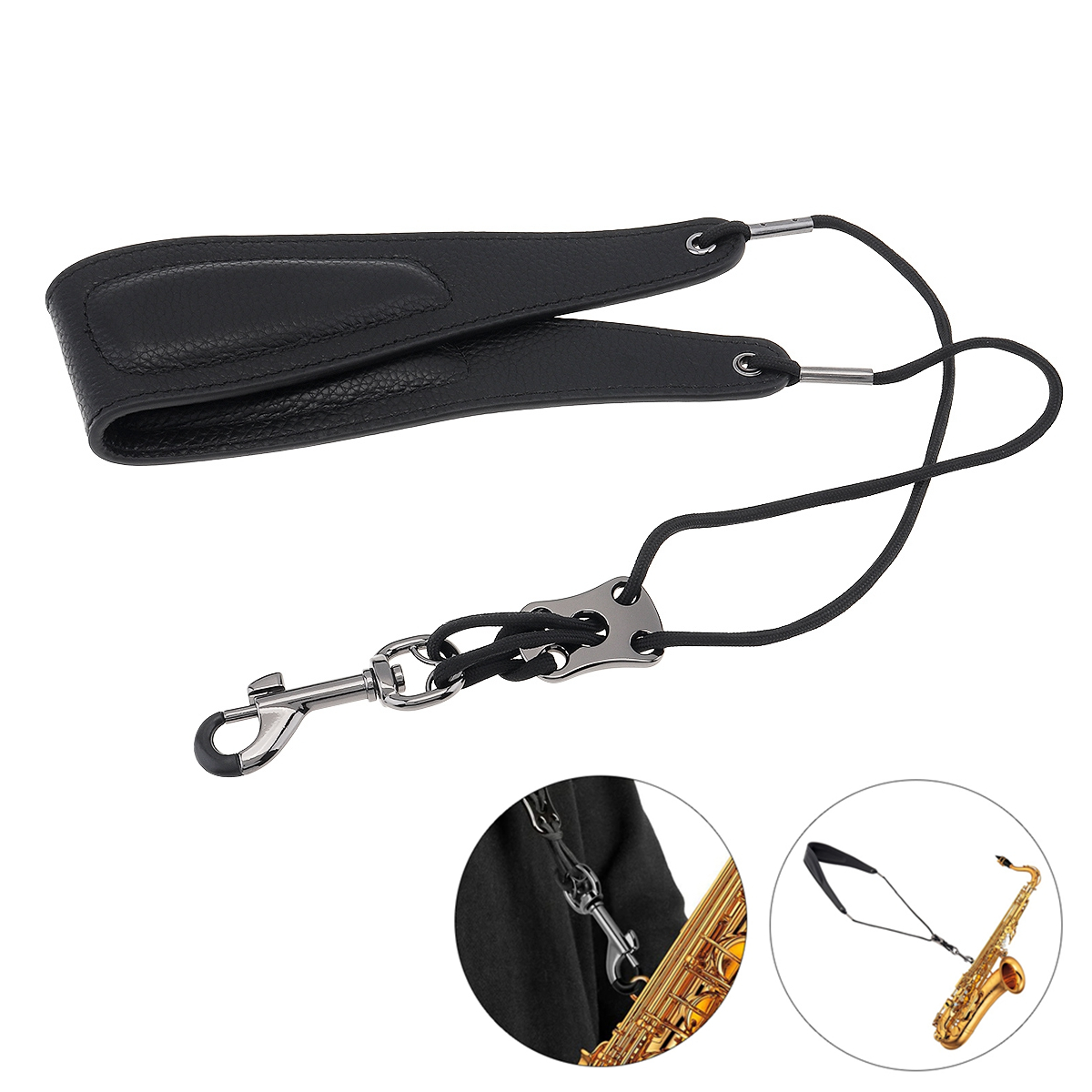 Saxophone Strap Genuine Leather Sax Neck Strap Metal Buckle with Soft Thick Pad for Soprano Tenor Alto Sax