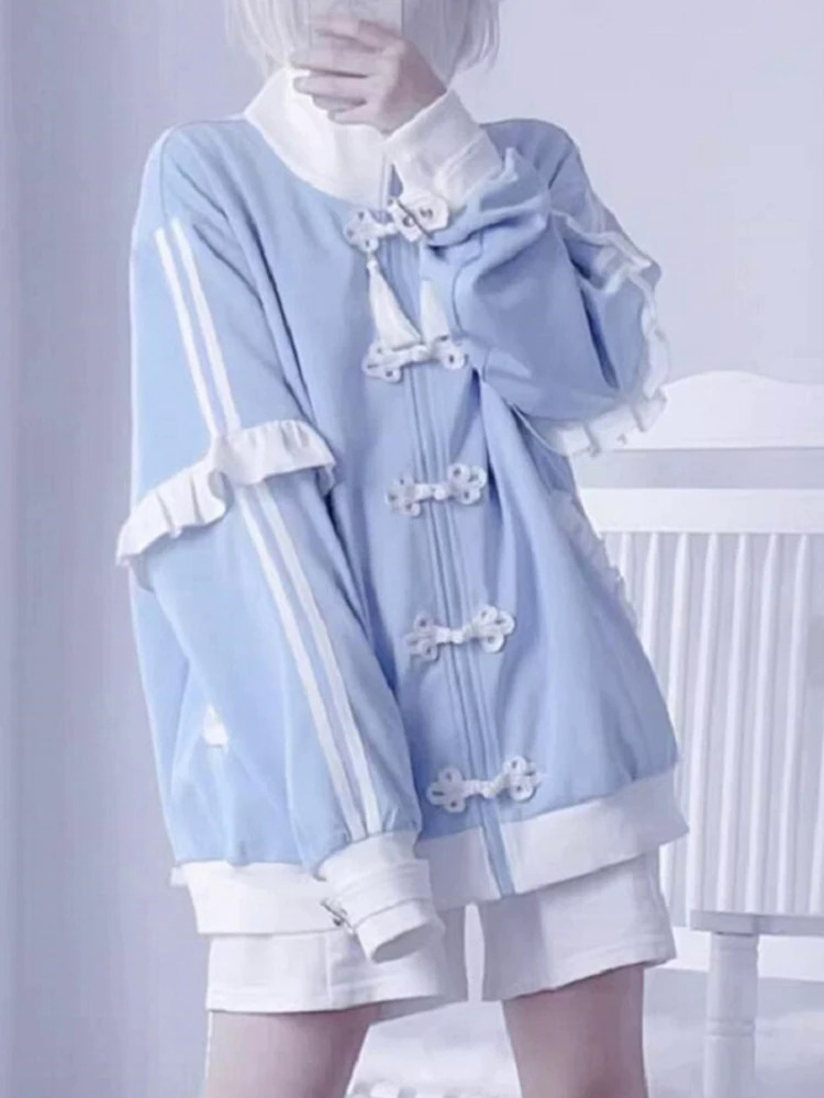 Thời trang nhật bản y2k áo kawaii áo khoác harajuku màu xanh có thể tháo rời tay áo zip-up cutecore áo khoác lỏng lẻo 2000s phong cách hoodies